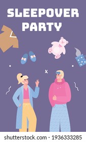 Sleepover card with man and woman at night party, vector cartoon illustration.