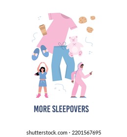 Sleepover concept, cute teen characters in kigurumi - flat vector illustration isolated on white background. Pajama or slumber party abstract drawing. Slippers, cookies, teddy bear toy and nightwear.