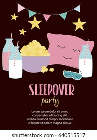 Sleepover invitation card with cute elements. Girl party. Vector illustration