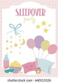 Sleepover Invitation Card With Cute Elements. Girl Party. Vector Illustration