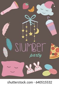 Sleepover invitation card with cute elements. Girl party. Vector illustration