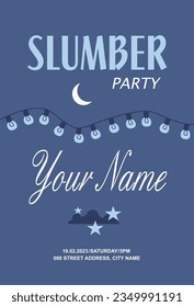 Sleepover invitation, night sky, garland with lights, cloud with stars