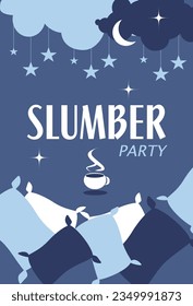 Sleepover invitation, starry night sky, pillows and a cup of hot tea
