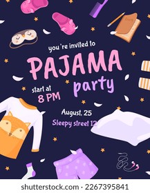 Invitación a la sonda. Tarjeta de invitación de la fiesta de Pajama, dormir de vacaciones en la cama hermoso pijama, amigos niños ropa de cama amistad noche afiche de fondo ilustración vectorial de la carta de invitación de la sonda