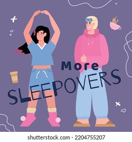 Sleepover Or Pajama Party Invitation Or Card Mockup With Cartoon People Characters, Flat Vector Illustration. Pajama Party And Sleepovers Night Card Design.