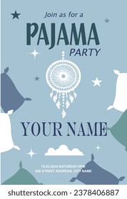 Sleepover pajama party invitation, pillows, dream catcher and cloud.