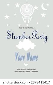 Sleepover pajama party invitation, starry night sky, dream catcher and cloud.