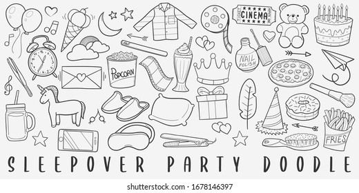 Sleepover Party Doodle Line Art Illustration. Hand Drawn Vector Clip Art. Banner Set Logos.