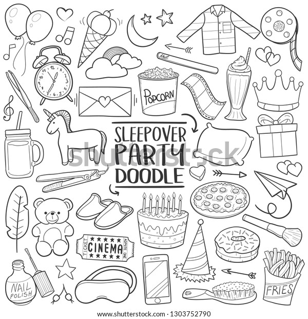 Sleepover Party Girls Traditional Doodle Icons Stock Vector Royalty