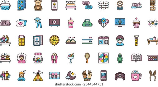 Sleepover party icons .. High-Quality Vector Icons Collection with Editable Stroke. Ideal for Professional and Creative Projects.