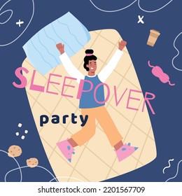 Sleepover Party Invitation, Poster Template Flat Vector Illustration. Happy Teenage Girl Or Woman Laying In Bed In Funny Animal Slippers And Pajama.