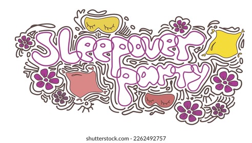 Sleepover party vector phrase for party invitation, card, poster or banner. Handwritten doodle calligraphy.
