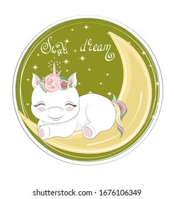 sleepping baby unicorn girl, on moon. Picture in hand drawing cartoon style, for t-shirt wear print, fashion design, greeting card, party invitation