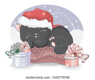 sleepping black cat in Santa cap, little kitten in pillow. Picture in hand drawing cartoon style, for Christmas or New year greeting card, party invitation