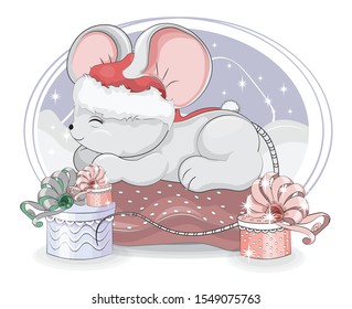 sleepping mouse. baby rat. symbol 2020 year in Santa cap, in pillow. Picture in hand drawing cartoon style, for Christmas or New year greeting card, party invitation