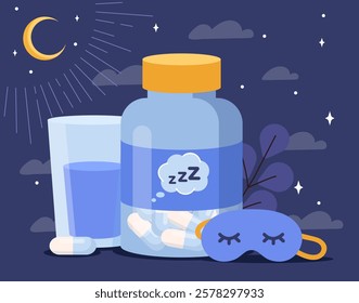 Sleep-related objects, including pills, a water glass, and a mask, on a dark night background with stars and moon. Concept of relaxation and rest. Vector illustration