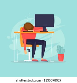 Sleeps at the table, long hours of work, business, office life. Flat design vector illustration.