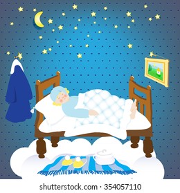 sleep.starry sky. sleeping leprechaun.vector illustration