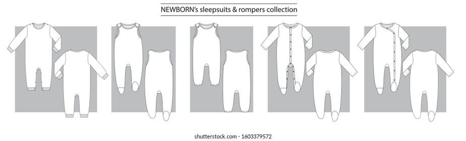 NEWBORN’s sleepsuits & rompers collection basic set of technical sketches for babys