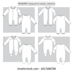 NEWBORN’s sleepsuits & rompers with frills collection of technical sketches for baby girls