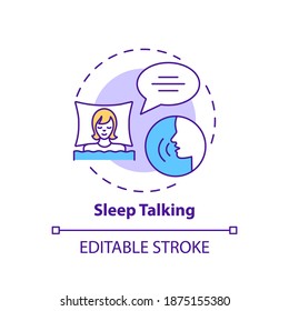 Sleeptalking concept icon. Talk while asleep. Parasomnia symptom. Psychological problem. Sleep disorder idea thin line illustration. Vector isolated outline RGB color drawing. Editable stroke