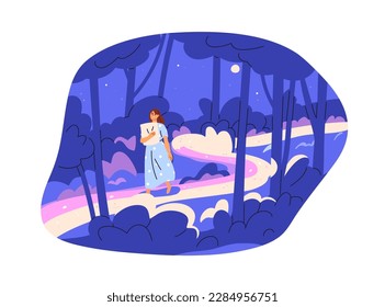 Sleepwalk, somnambulism concept. Sleepwalker dreamer walks in night fantasy forest, explores dreamscape. Woman somnambulist in nightmare. Flat graphic vector illustration isolated on white background