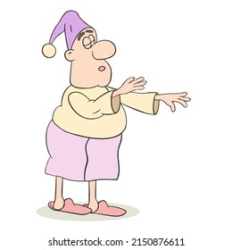 sleepwalker in a hubcap walks with his eyes closed and arms outstretched, cartoon, on a white background