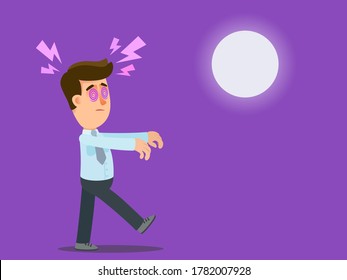 A sleepwalker walks down the street at night. Man - lunatic, hypnotized. Vector illustration, flat design, cartoon style, isolated background.