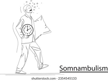 Sleepwalking Cartoon Young Man in Pajamas Dreaming with Raised Hands, Nighttime Dreamer, Simple One-Line Clipart of a Dreaming Guy in Pajamas with somnambulism disorder