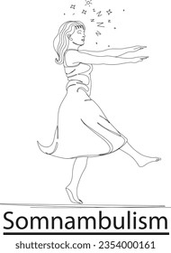 Sleepwalking Cartoon Young women Dreaming with Raised Hands, One-Line sketch drawing of Sleepwalking girl, girl with somnambulism disorder, Night Walking woman clipart