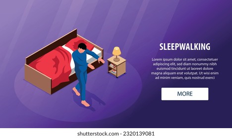 Sleepwalking isometric horizontal web banner with man suffering from somnambulism vector illustration