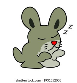 Sleepwalking or somnambulism rabbit isolated on white background, Easter bunny with red nose with gray and green color fur