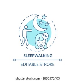 Sleepwalking turquoise concept icon. Somnambulism symptom. Walk in dream. Healthcare problem. Sleep disorder idea thin line illustration. Vector isolated outline RGB color drawing. Editable stroke