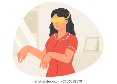 Sleepwalking woman with sleep mask, stands in room with arms forward and moves around in sleep. Sleepwalking girl in pajamas suffers from mental disorder that causes uncontrolled movements at night