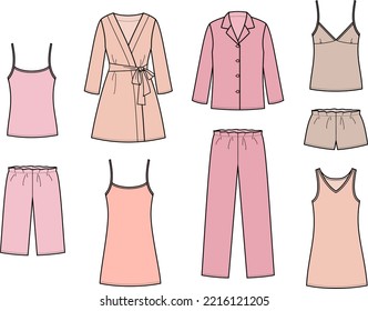 Sleepwear set flat sketch. Bathrobe, top, shorts, nightdress, pajamas, shirt and pants. Women CAD mockup. Technical drawing. Vector illustration.