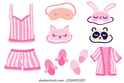 Sleepwear, sleep masks, slippers. Bundle of elegant female underwear.