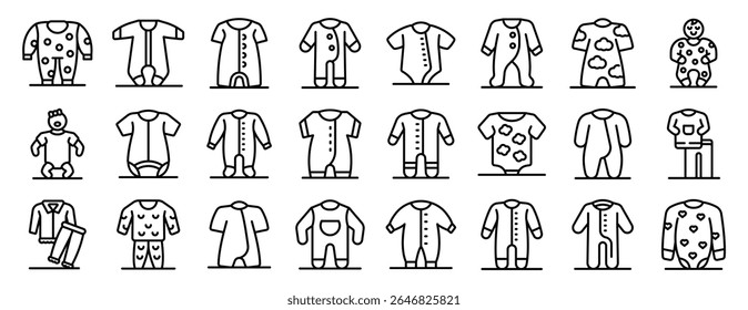  Sleepwear toddlers icons set. Baby rompers and sleepsuits in various designs, showcasing different patterns, sleeve lengths, and features for newborns and infants