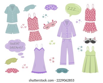 Sleepwear for women, nightwear for females, fashionable collection Pajamas set. Vector in flat style