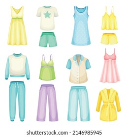 Sleepwear for women. Pajamas, nightgown, bathrobe, textile night clothes cartoon vector illustration