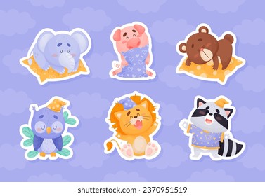 Sleepy Animal Cartoon with Cute Snout and Pillow Vector Sticker Set