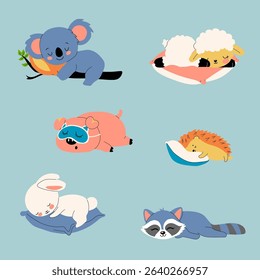 Sleepy Animal Characters Ready for Bed in Cozy Cartoon Style