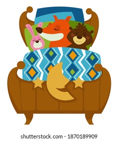 Sleepy animals in bed, fox and rabbit with bear taking nap on sofa. Fairy tale with characters sleeping isolated. Cute hare having rest with friends. Woodland creatures at home. Vector in flat style