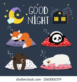 Sleepy animals. Fox bear panda lama alpaca sleep animal set on pillows vector graphics, funny cartoon sleepiness mammals and sleeping crescent cute relax lazy characters illustration