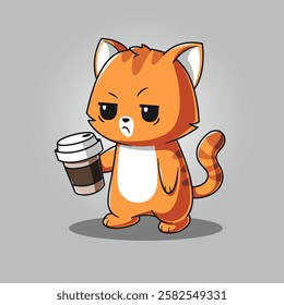 Sleepy Annoyed Cat with Coffee Cup Cartoon Vector Icon Illustration Animal Nature Icon Isolated Flat Vector