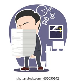 sleepy asian businessman carrying pile of paper
