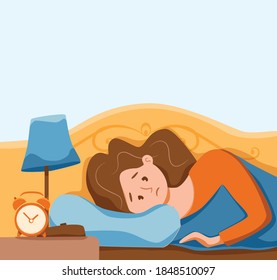 Sleepy awake child in bed suffers from insomnia. Vector illustration of tired exhausted sad girl insomniac trying fall asleep with open eyes in night bedroom flat cartoon style. Melatonin and nightmar