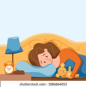 Sleepy Awake Child In Bed Suffers From Insomnia. Vector Illustration Of Tired Exhausted Sad Girl Insomniac Trying Fall Asleep With Open Eyes In Night Bedroom Flat Cartoon Style. Melatonin And Nightmar