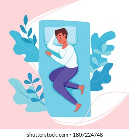 Sleepy awake man in bed suffers from insomnia. Vector illustration of tired exhausted sad guy insomniac trying fall asleep with open eyes in night bedroom flat cartoon style. Melatonin and nightmare, 