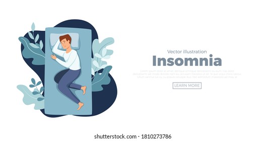 Sleepy awake man in bed suffers from insomnia. Vector illustration of tired exhausted insomniac guy trying to fall asleep with open eyes. bedroom at night in flat cartoon style. Melatonin and nightmares concept, 