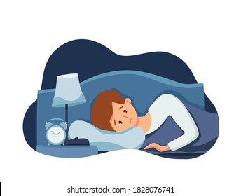 Sleepy awake man in bed suffers from insomnia. Vector illustration of tired exhausted sad guy insomniac trying fall asleep with open eyes in night bedroom flat cartoon style. Melatonin and nightmare, 